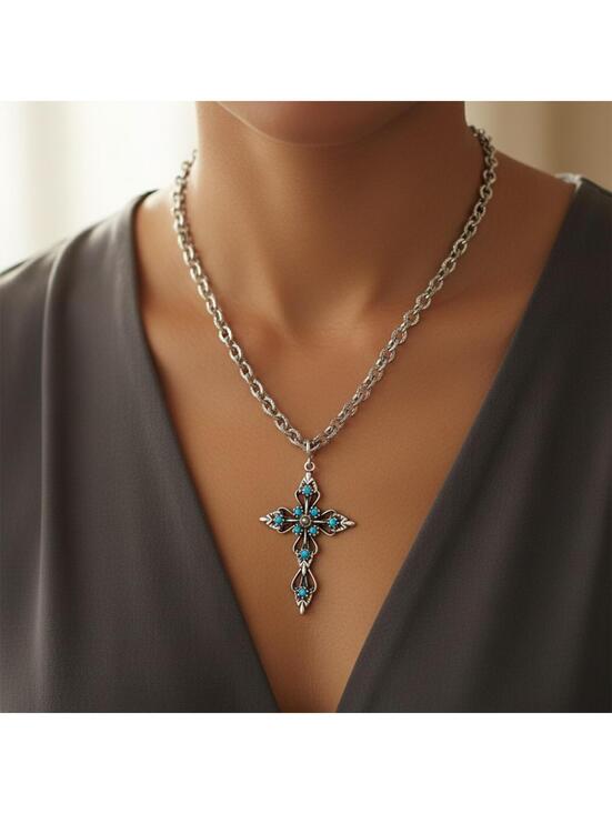 Jewelry - Vintage 22" Silver-Tone Tibetan-Style Turquoise Cross Necklace